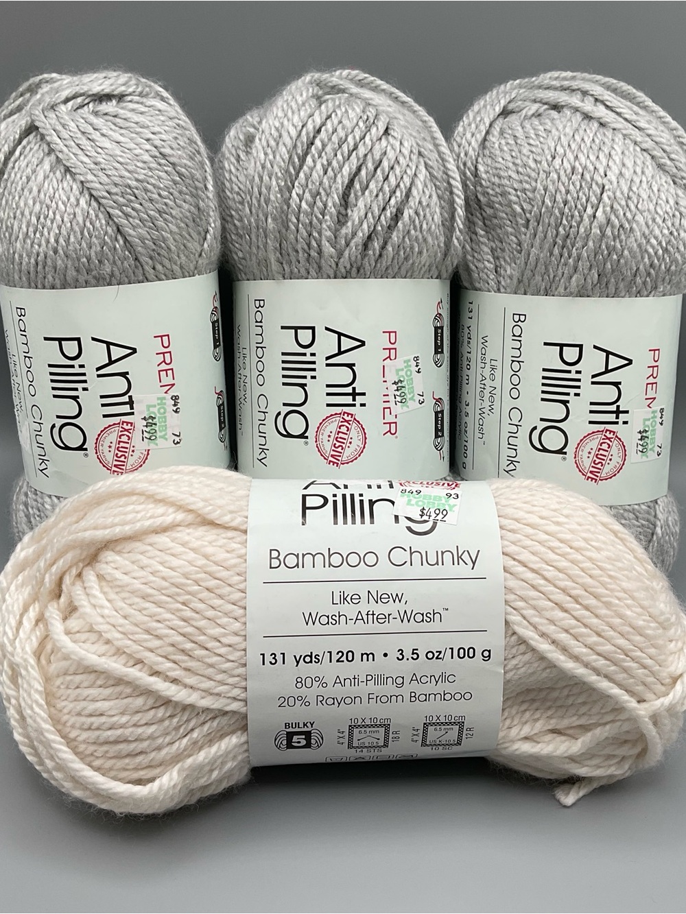 Premier Yarns Anti-Pilling Bamboo Chunky Bulky #5 Yarn Lot 4 Skeins Gray Ivory